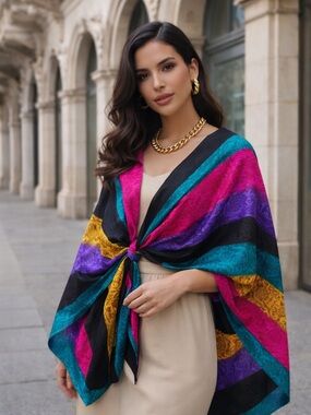 Saldarini Vintage Damask Jacquard Colorblock Large Square Shawl Scarf